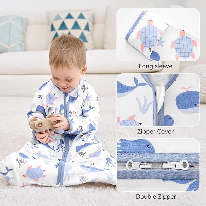 Baby Sleep Sack 0-6 Months, Long Sleeve Baby Wearable Blanket 0.5 Tog with Mittens, 2-Way Zipper Newborn Cotton Sleeping Sack for Boy and Girl Blue Sea 2 Pack (Small)