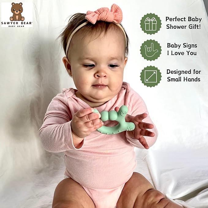 I Love You Silicone Hand Teether by Sawyer Bear Baby Gear, Teethers for Babies 3-6 Months, Soft Teething Toys 6-12 Months bpa Free, Massaging Teething Relief (Light Green)