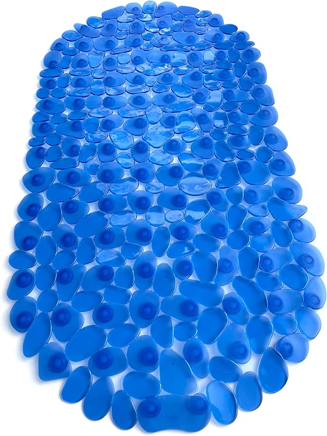 “Pebbles” Non-Slip Bathtub & Shower Mat 27”x14” Oval - Non-Toxic - Safe, Clean, Machine-Washable, Superior Grip & Drainage, Vinyl, for Smooth Floors ONLY, Transparent Blue