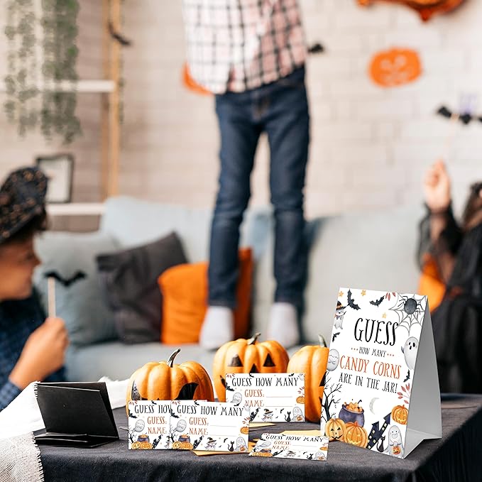 Halloween How Many Candy Corns Are In The Jar - 1 Standing Sign & 50 Guessing Cards - Cute Halloween Party Game & Decoration For Boys, Girls, Adults - Baby Shower, Birthday Game Set - A05