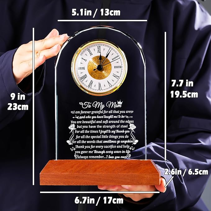 Glass Clock Gifts for Mom from Daughter Son with Wooden Light Base, Personalized Gift for Mom Who Has Everything on Birthday Mother's Day, Present for Mother on Christmas Home Desk Clock
