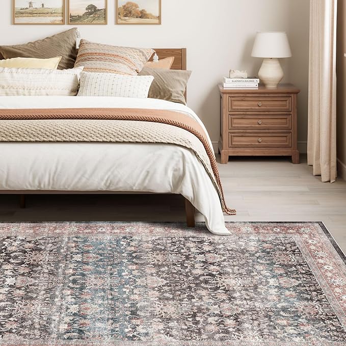 Dripex Vintage Washable Area Rug - 5x8 Distressed Rugs for Living Room Bedroom Oriental Medallion Floral Print Carpet Low-Pile Indoor Soft Non-Slip Accent Rug Farmhouse Office Home Decor