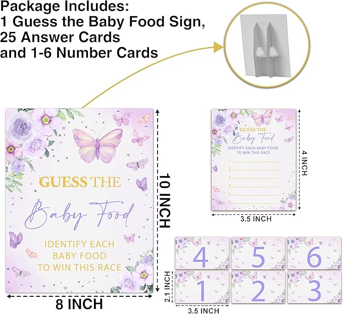 Guess the Baby Food Game Shower, 8x10 Inches Sign 25 Answer Cards and 6 Number Cards, Butterfly Kisses Shower Party Decorations Supplies Favors - C04