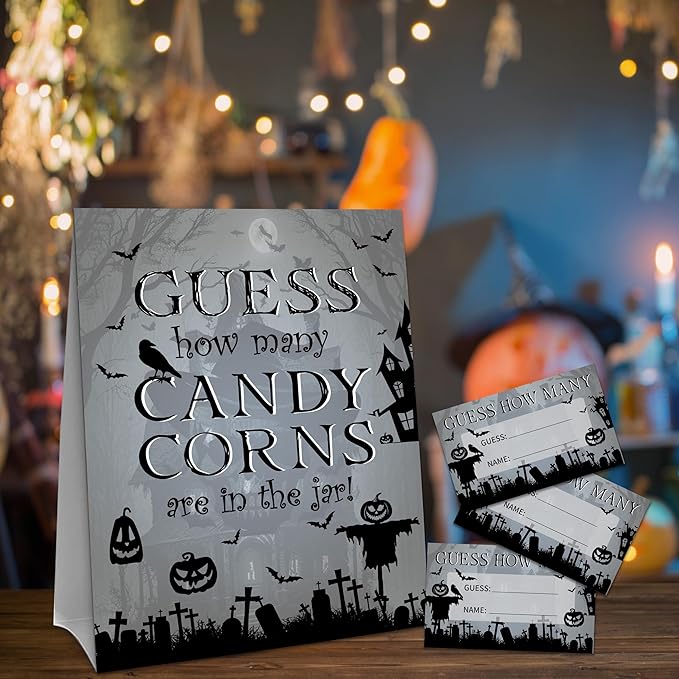 Halloween How Many Candy Corns Are In The Jar - 1 Standing Sign & 50 Guessing Cards - Halloween Haunted House Party Game & Decoration For Boys, Girls, Adults - Baby Shower, Birthday Game Set - A04