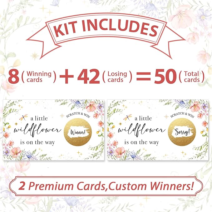 Baby Shower Game Scratch Off Cards Girl, A Little Wildflower is On The Way, Floral Printed Scratch Off Party, 50 Cards -c1