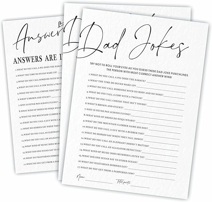 Baby Shower Game Cards Kit - Dad Jokes - 30 Minimalism White Calligraphy Fill In Style Game Cards For Baby Announcement, Gender Reveal, Game For New Parents To Be, Party Favor & Supplies - B04