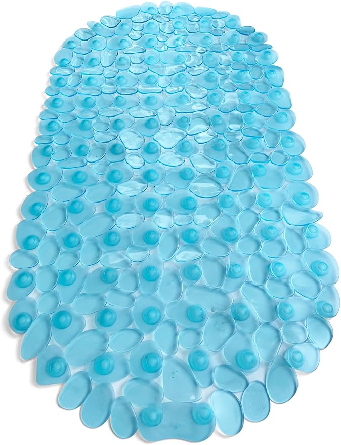 “Pebbles” Non-Slip Bathtub & Shower Mat 27”x14” Oval - Non-Toxic - Safe, Clean, Machine-Washable, Superior Grip & Drainage, Vinyl, for Smooth Floors ONLY, Transparent Aqua