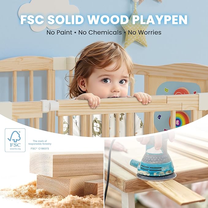Foldable Wooden Playpen - Adjustable Wood Baby Play Yard with Child-Proof Lock, Indoor Large Safety Fence for Babies and Toddlers - Easy Assembly, 6 Panels with Sensory Toys