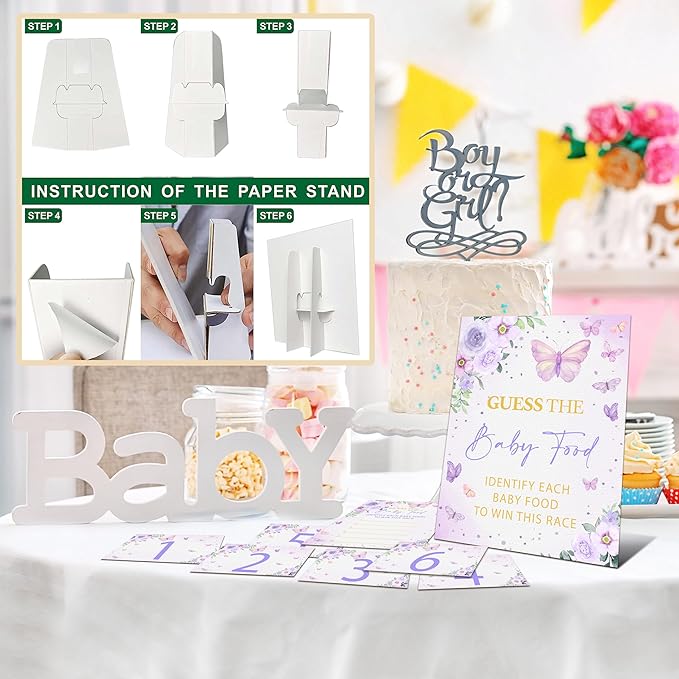 Guess the Baby Food Game Shower, 8x10 Inches Sign 25 Answer Cards and 6 Number Cards, Butterfly Kisses Shower Party Decorations Supplies Favors - C04