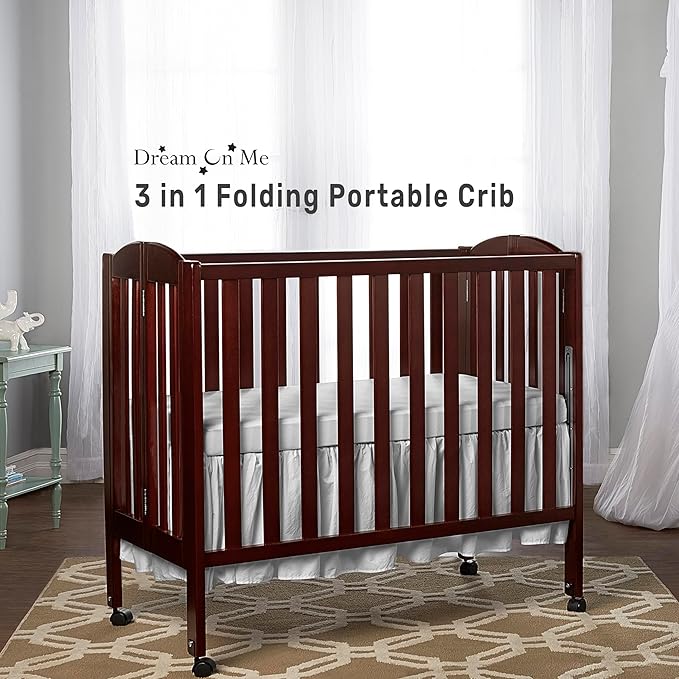 Dream On Me 3 In 1 Portable Folding Stationary Side Crib In Espresso, Greenguard Gold Certified, Safety Wheel With Locking Casters, Convertible, 3 Mattress Heights