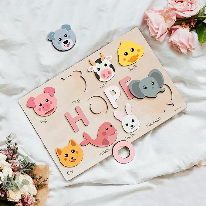 Personalize Name Puzzle for Toddlers with Animals, Boys and Girls 0 1 2 3 Year Old, Personalized Puzzle for Kids, 1 Year Old Girl and Boy Kid Gifts, Customized Baby Gift, Educational Name Toy