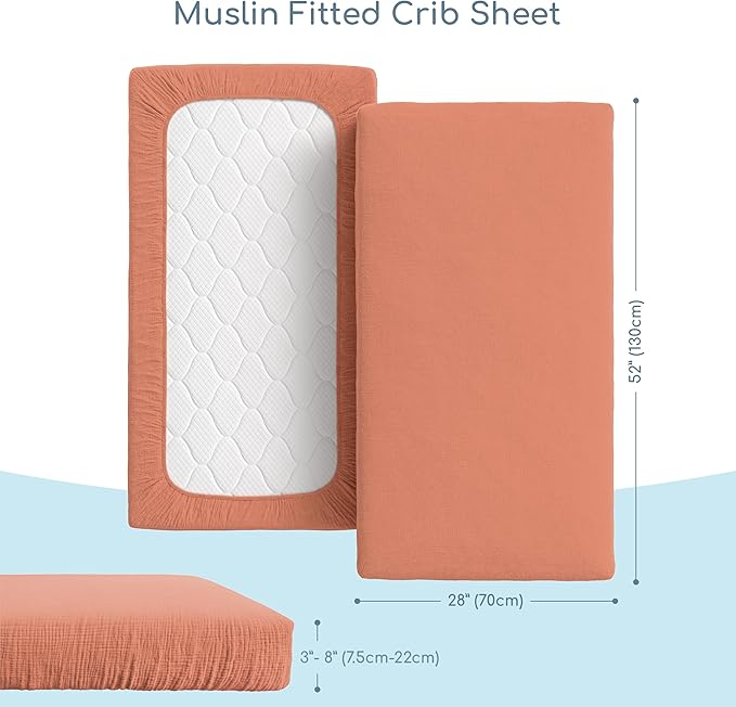 Muslin Crib Sheets, 100% Organic Cotton, Breathable and Ultra-Soft, Standard Crib Sheet Mattress (28"x 52") for Girls and Boys, Neutral Fitted Baby Crib Sheet (Brick Red)