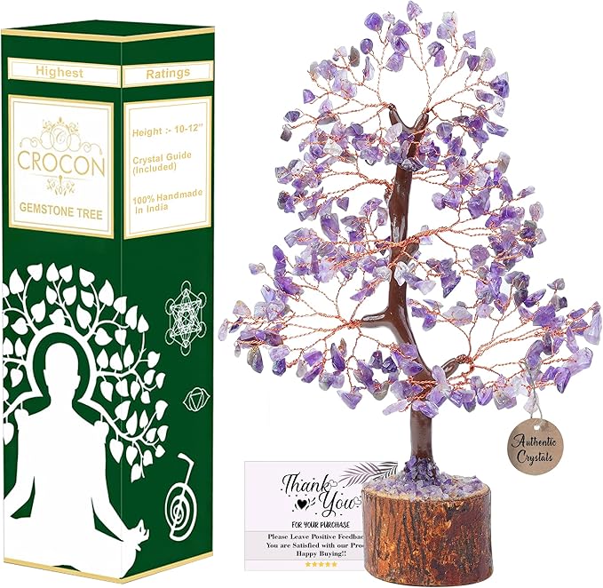 Crocon Amethyst Gemstone Tree Feng Shui Figurine Money Bonsai Chakra Balancing Good Luck Reiki Healing Crystals Decoration Ornament Sculpture Prosperity Table Decor Gift Size 10-12"
