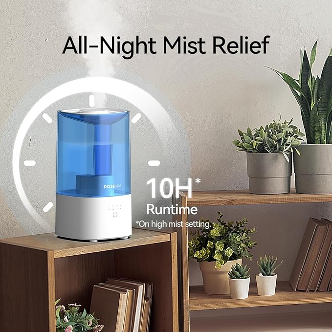 Cool Mist Humidifiers for Bedroom, 2.0L Small Humidifier for Baby and Plant, Last Up to 10H on Max Mist Setting, Auto Shut-Off, Auto-Off Indicator, 360ยฐ Nozzle