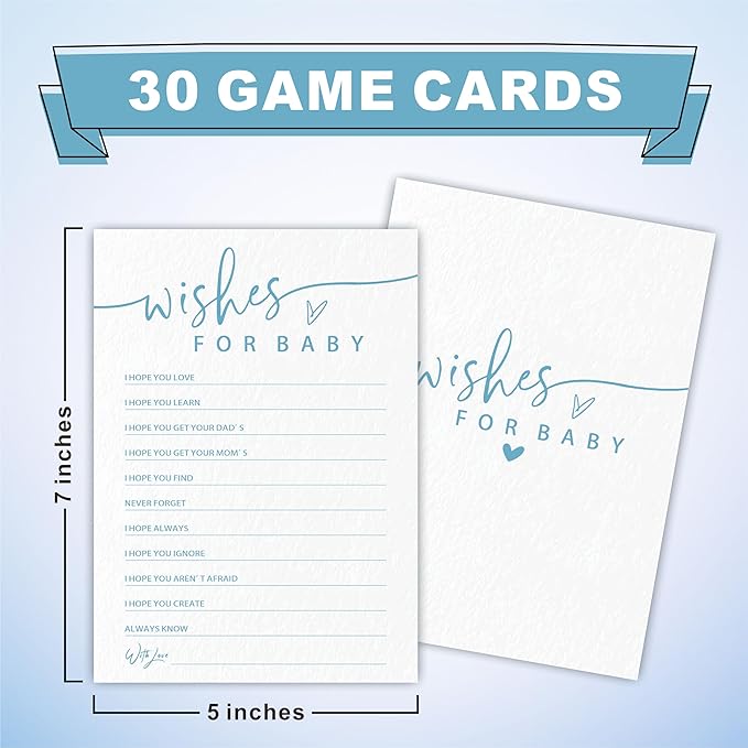 Wishes for Baby Game Set for Baby Shower - Minimalism White & Blue - 30 Double-Sided Fill in Style Game Cards