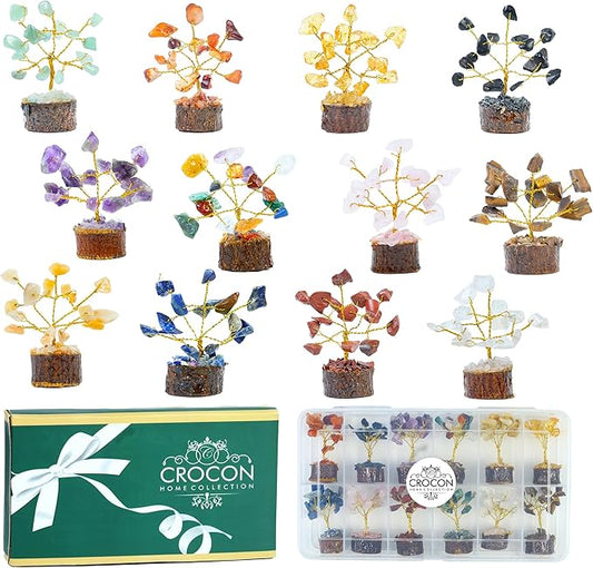 Crocon 12 Pcs Crystal Tree of Life Set Mini 7 Chakra Healing Crystals Trees for Birthday Gifts for Women Sister mom Positive Energy Tree for Home Room & Office Desk Décor Good Luck Present for Mother