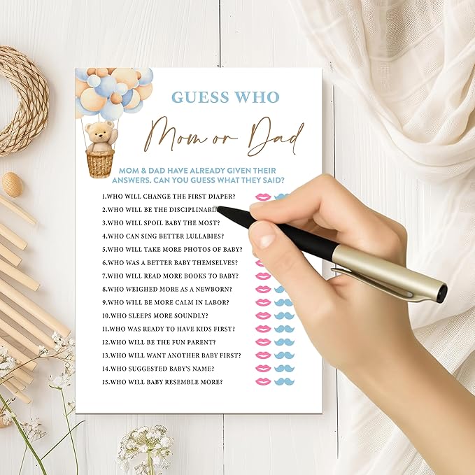 Bear Balloon 30 Guess Who Mom or Dad Game Cards, We Can Bearly Wait Gender Reveal Party Supplies Favors (5"x7") - E05