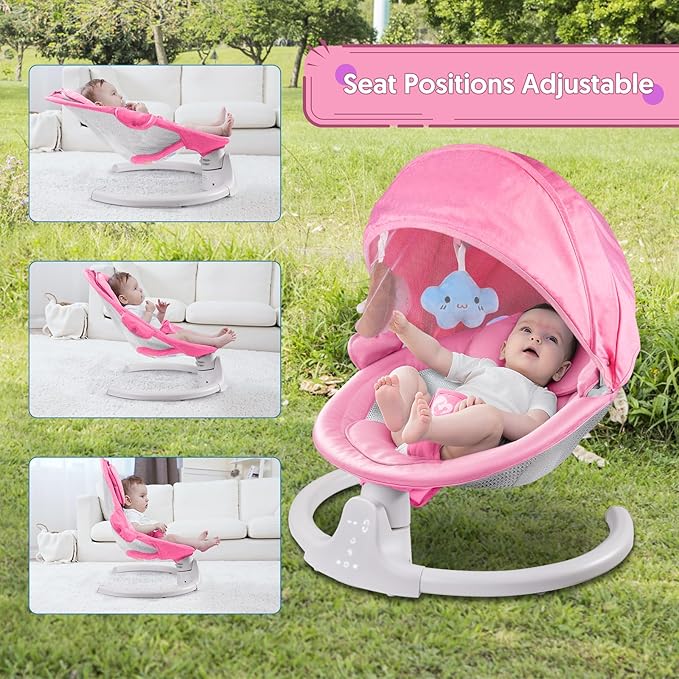 Bluetooth Baby Swing for Infants, Compact & Portable Pink Baby Girl Swing, 3 Seat Positions, 5 Swing Speed, 10 Music, Remote Control, Plug-in Power, Reversible Cushion, mecedora eléctrica para Bebe