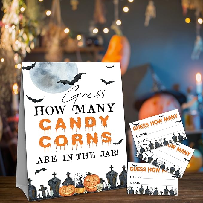 Halloween How Many Candy Corns Are In The Jar - 1 Standing Sign & 50 Guessing Cards - Halloween Party Game & Decoration For Boys, Girls, Adults - Baby Shower, Birthday Game Set - A01