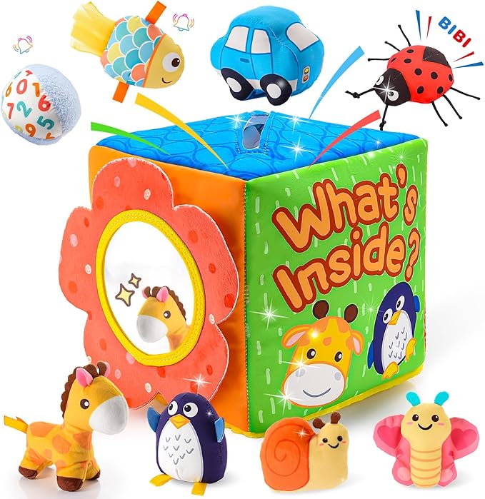 Baby Toys 6-12 Months, Mystery Montessori Sensory Soft Box Toy with 8 Stuffed Animals for 6 7 8 9 10 12 Month Old Babies Girl Boy Gifts Learning Busy Boxes Birthday for Infant & Toddler