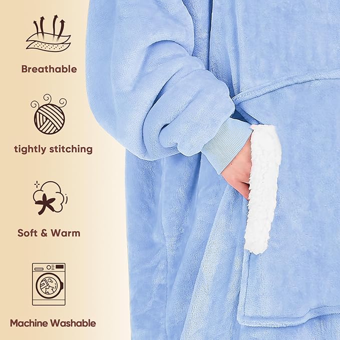 yescool Wearable Blanket Hoodie - birthday gifts for Adults/Women/mom, Flannel Cozy Sherpa Fleece Blanket Sweatshirt with Hood, Pocket & Sleeves, Large, One Size Fits All (Celeste)