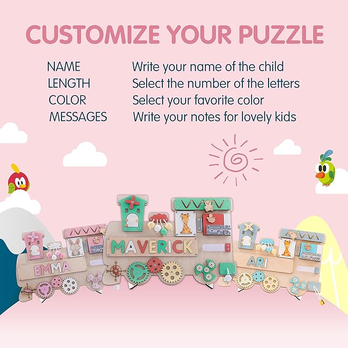 Customized Name Puzzle for Toddlers (Fixed I J Letters) Personalized Toddlers Busy Board, Baby Personalized Board for 1-5 Years Old, Montessori Toys (Pastel Girls)