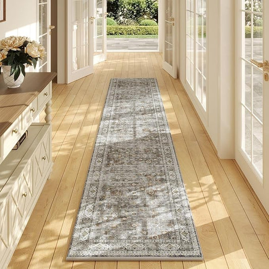 Runners for Hallways Kitchen Runner Rug Non Slip 2'x10' Long Washable Rugs with Rubber Backing Soft Vintage Carpet Runner for Hallways, Kitchen, Laundry, Bedroom, Bathroom (Grey and Brown)