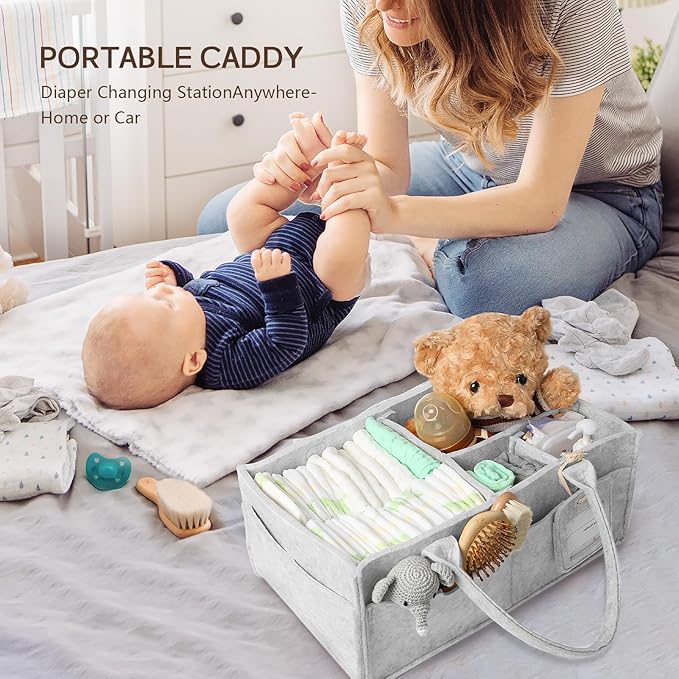 GEMII Diaper Caddy Organizer - Large Baby Caddy Organizer with Handle for Newborn Essentials Boy or Girl (Gray, Large)