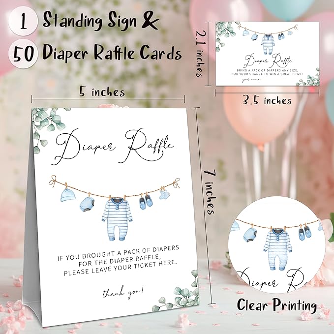 Greenery Diaper Raffle Set For Baby Shower - 50 Raffle Tickets With 1 Standing Sign - Baby Announcement, Gender Reveal Baby Shower Party Decoration Game Set - A02