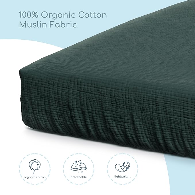 Muslin Crib Sheets, 100% Organic Cotton, Breathable and Ultra-Soft, Standard Crib Sheet Mattress (28"x 52") for Girls and Boys, Neutral Fitted Baby Crib Sheet (Deep Ocean)