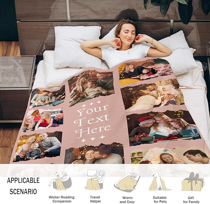 Custom Blanket with Picture, Personalized Photo Blanket,Printed in USA Customized Blankets Photo Blankets for Family Dad Mom Couple Boyfriend Girlfriend Grandma Grandpa Wife Husband