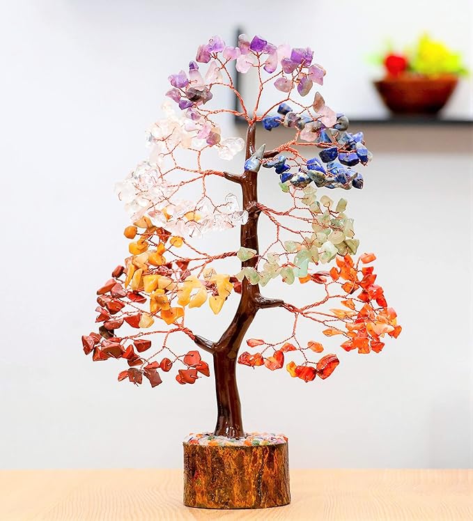 Crocon Seven Chakra Gemstone Tree Copper Wire Feng Shui Money Bonsai Good Luck Chakra Healing Crystals Home Decoration Ornament Figurine Wealth Prosperity Gift Size: 10-12"