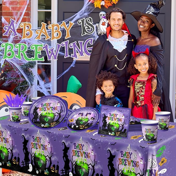 Halloween Baby Shower Decorations-142pcs A Baby is Brewing Halloween Tableware Include Plates, Napkins, Cups, Banner and Tablecloth for Boy Girl Gender Reveal Party Supplies
