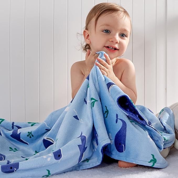 DaysU Silky Micro Soft Plush Baby Blankets for Boys and Girls with Print Animal Pattern and Soothing Raised Dots, Double Layer Bed Throws for Toddler Cot, Shark Whale, Blue, 50x60 Inches