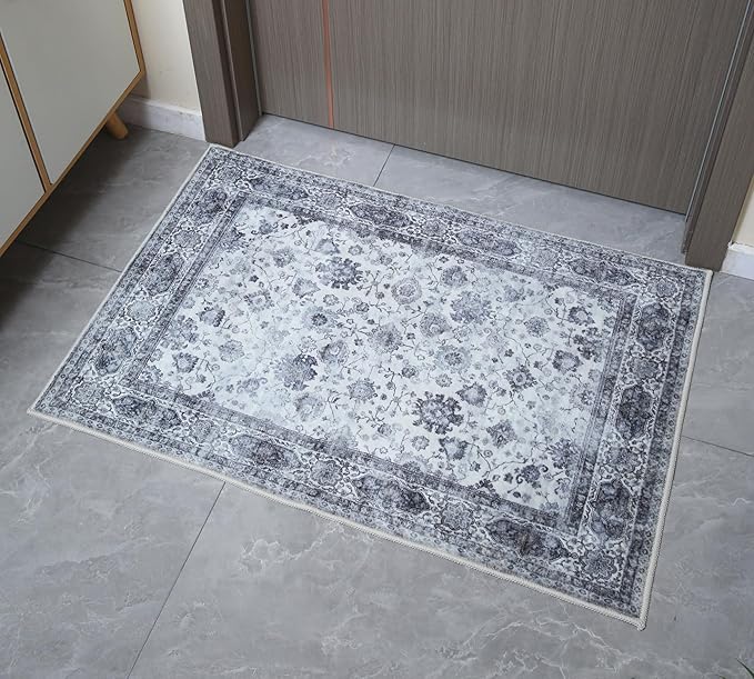 Door Mat Indoor Entrance 2x3 Rug Machine Washable Small Area Rug Non-Slip Low Pile Throw Rugs for Entryway, Kitchen, Front Door Indoor Entrance, Entry, Kids Room (Grey and White)