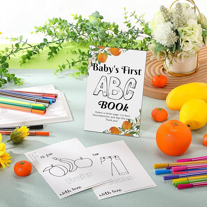 Geelin 51 Pcs Fun Baby Shower Game Activities First ABC Book Sign Coloring Game Card 26 Alphabet a to Z Coloring Card with 24 Watercolor Pen Storage Bag for Baby Shower Party(Orange Tree)