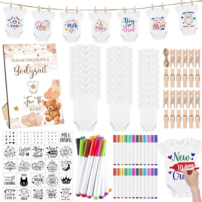 Panitay 126 Pcs Baby Shower DIY Bodysuit Set Rustic Kraft Baby Shower Game Sign DIY Bib 25 Blank White Newborn Bodysuit 25 Stencils 24 Marker 1 Sign 50 Pins for Gender Reveal(Bear)
