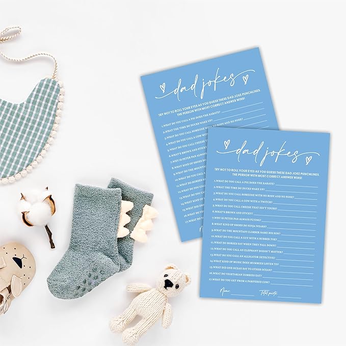 Dad Jokes Baby Shower Game Cards - Minimalism Blue - 30 Double-Sided Fill In Style Game Cards For Gender Reveal, Baby Announcement, Party Games & Activity - C05