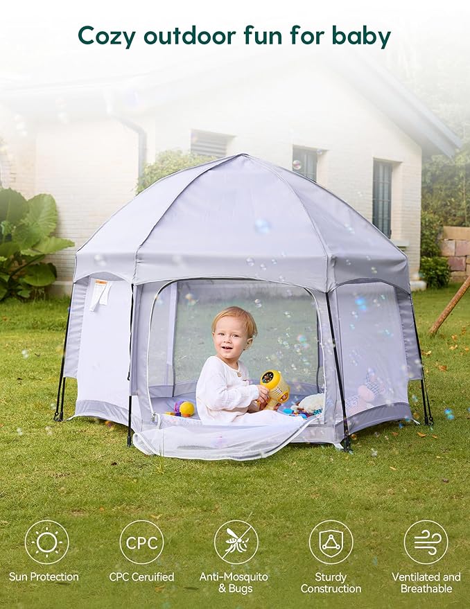 Babelio Pop up Baby Tent, Travel Playpen for Babies, Indoor and Outdoor, Portable/Foldable Play Yard W/Canopy, Travel/Nap, Sun Protection, One-Touch Storage- Light Grey