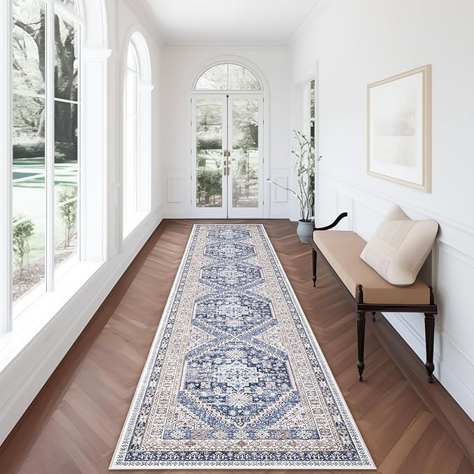 zesthome Washable Runner Rug 2.5x12 - Stain Resistant Entryway Rug,Ultra-Thin Kitchen Rugs, Anti Slip Backing Runner Rugs for Entrance Laundry Room Indoor Hallway (Blue/Beige,2.5'x12')