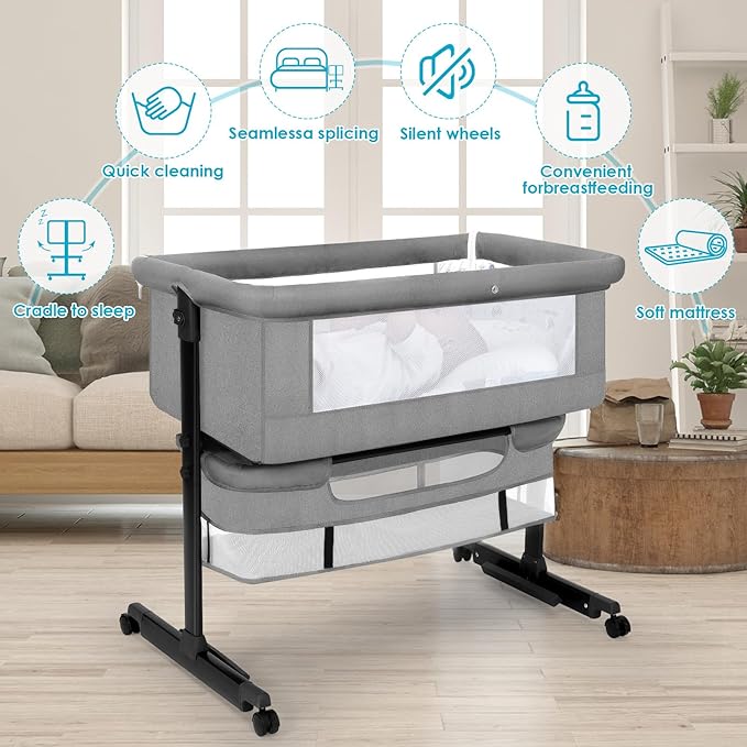 Baby Bassinet, Baby Basinet Bedside Sleeper, Easy to Fold Portable Crib Side Bassinet 2025new Style Girl/boy bassinets(Light Grey)