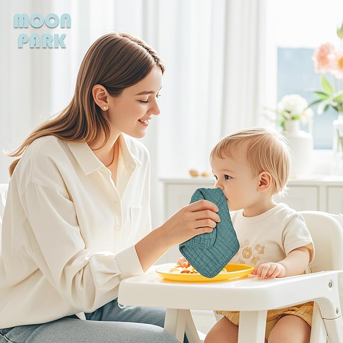 MOON PARK Baby Washcloths, 12 Pack - 12x12 Inches, Small Burp Cloths and Baby Wipes - 100% Cotton Muslin Ultra Soft for Newborn, Infant and Toddlers - Ivory, Slate and Emerald Series