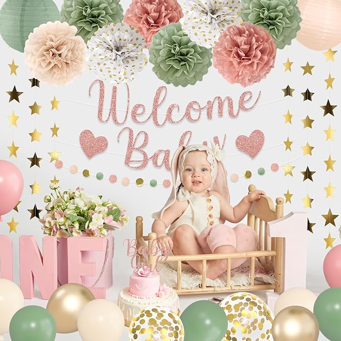Amandir Girl Baby Shower Decorations Pink Sage Green Balloons Welcome Baby Banner, Cake Topper, Paper Lanterns, Pom Poms Flowers Tassels, Circle Dots Star Garland Gender Reveal Birthday Party Supplies