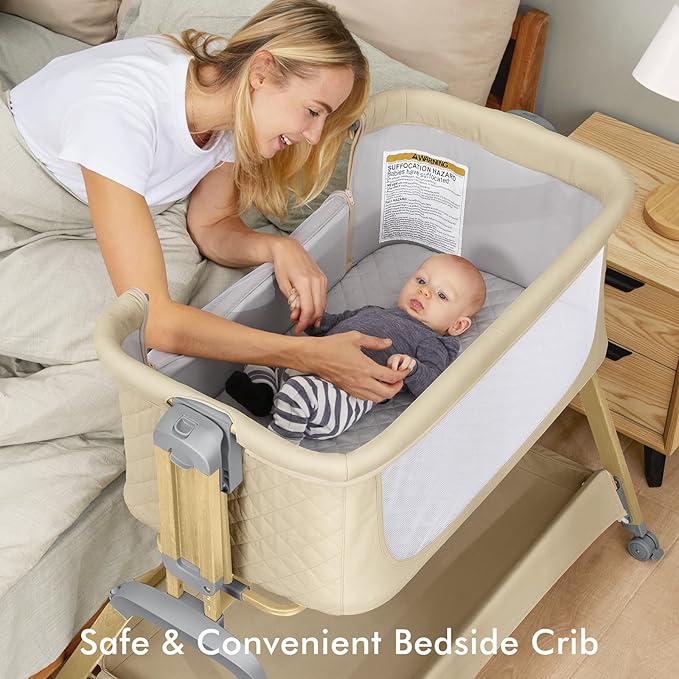 Bassinet Bedside Sleeper, Rocking Bassinets with Comfy Mattress and Wheels for Newborn, 5-Height Adjustable (Beige)