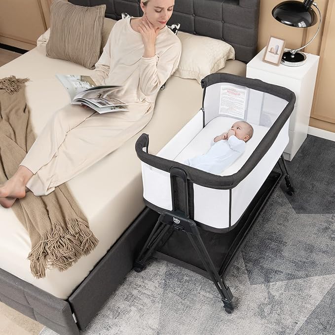 BABY JOY Bassinet Bedside Sleeper, Easy Folding Crib w/All-Side Mesh, Storage Shelf, 7 Adjustable Heights, Mattress & Travel Bag for Safe Co-Sleeping, Portable Bed for Newborn Infant -Black