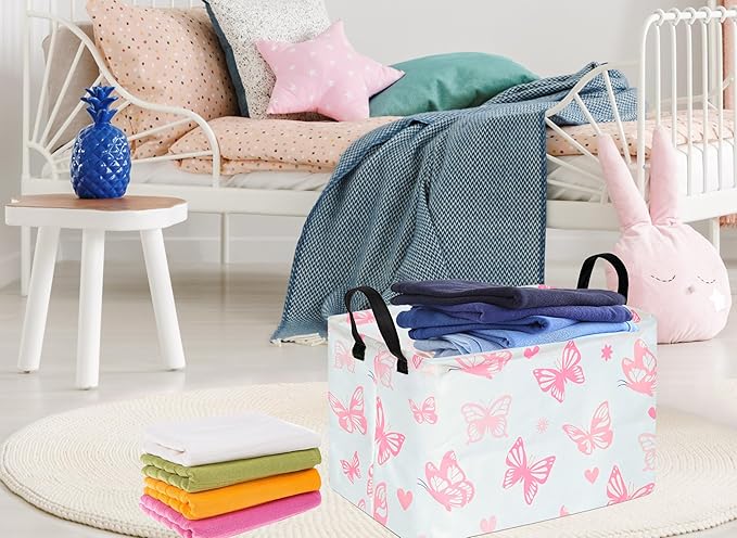Rectangle Kids Gift Storage Basket Shelf Storage Basket Organizer Box Clothes Laundry Hamper Toys Nursery Basket Baby Laundry Basket with Handles (Pink Butterfly)