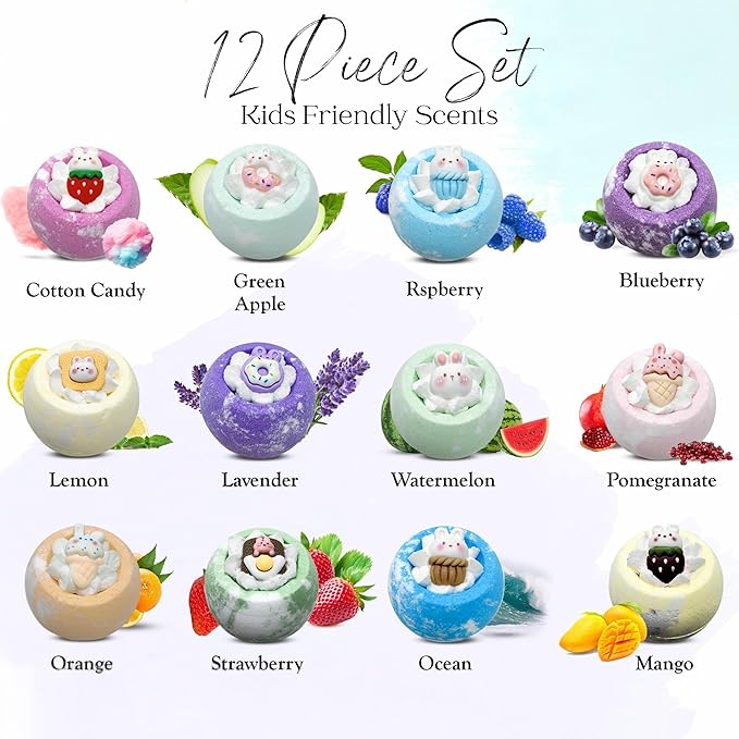 EvolutionUSA 12pc Bloom Bath Bombs with Toys, Adorable Girl Bath Bomb Set, Bubbly Kids Bathbombs, Fizzy Bath Ball, Kids Bath Bombs for Girls, Childrens Bath Bomb Set Birthday, Christmas, Easter