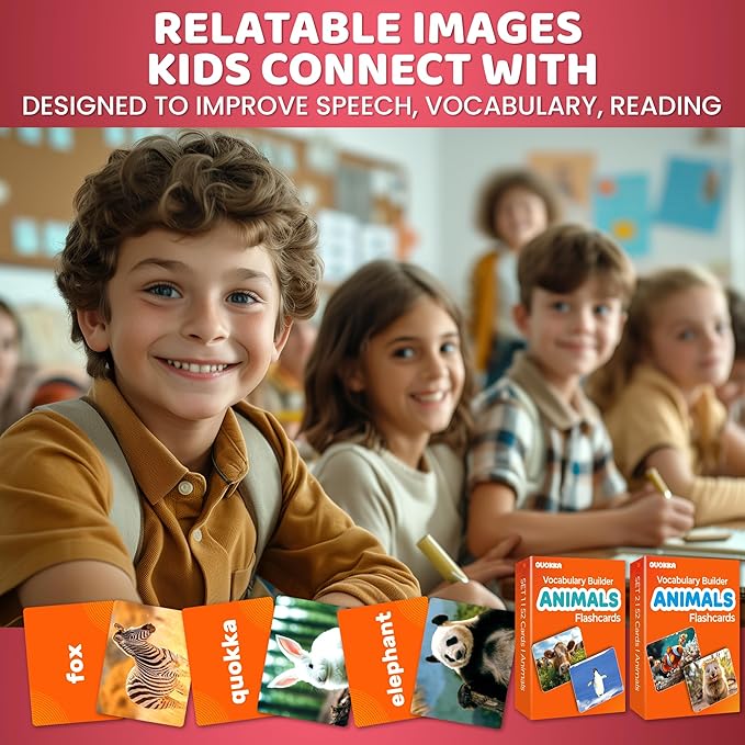 QUOKKA 104 Animal Flash Cards Set – Kids and Adults Vocabulary Builder for ABA Therapy, Early Childhood Education, ESL Teaching – Picture Cards for Speech Therapy and Vocabulary Building Activities