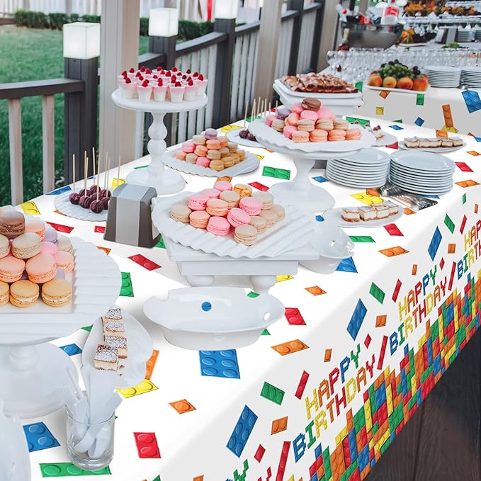 Gatherfun Building Block Tablecloth, Plastic Table Cover for Building Block Themed Kids Birthday Party, 3 PCS, 54'x108'
