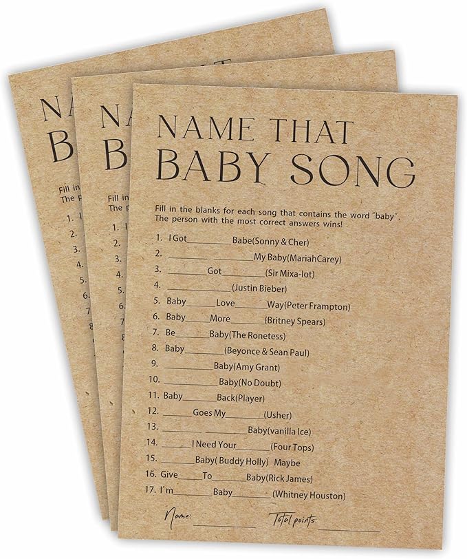 Baby Shower Game - Set Of 30 Kraft Paper Double Print - Name That Baby Song Game Cards With 1 Answer Card For Baby Boy Girl, -Baby Announcements, Gender Reveal Games, Party Favors And Supplies - B12